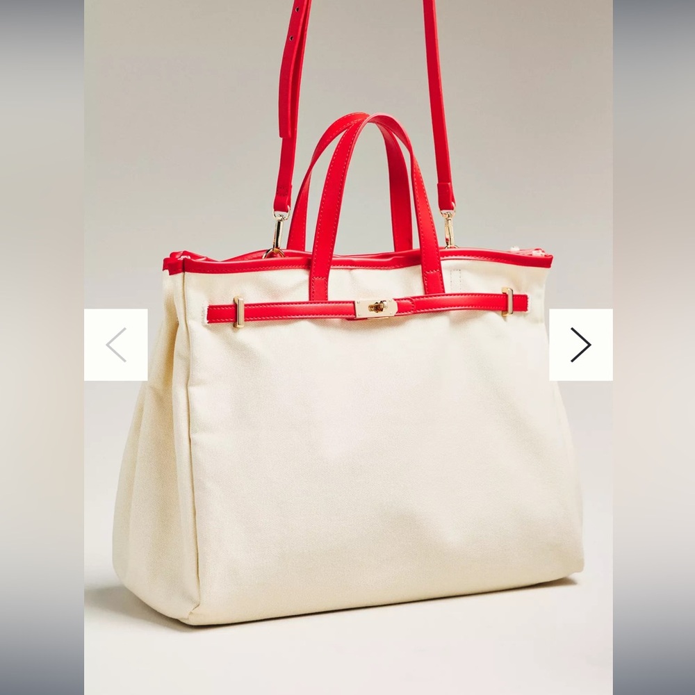 Cream Tote Bag with Red Trim and Handles